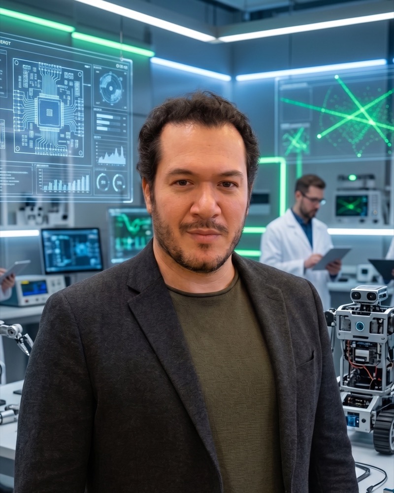 Daniel Karsh inside the studio HQ — AI displays and robotics workstations behind him